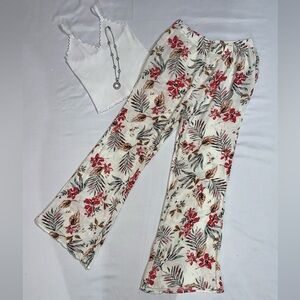 Fashion Nova Tropical Floral Wide Leg Pants - Rust and Green on Cream